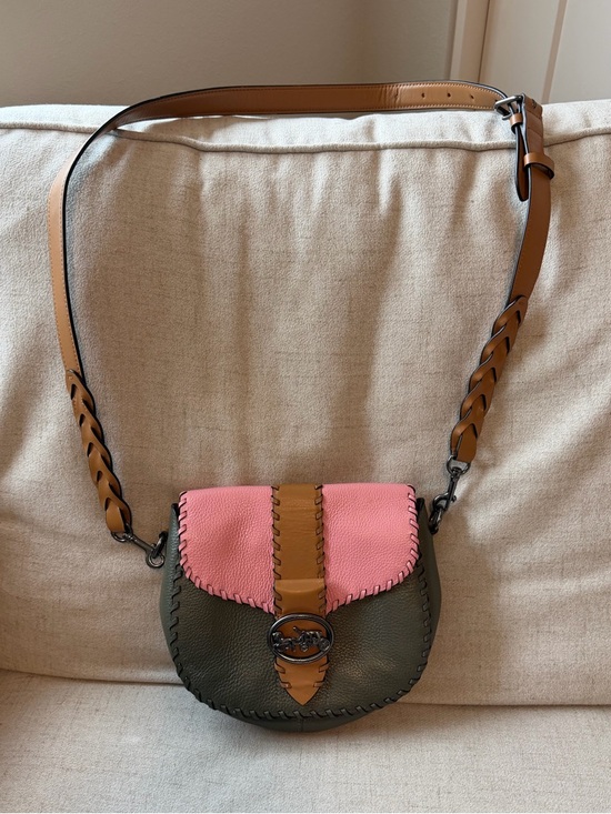 Coach Handbags - Coach Pink, Olive & Tan Leather Crossbody Saddle Bag